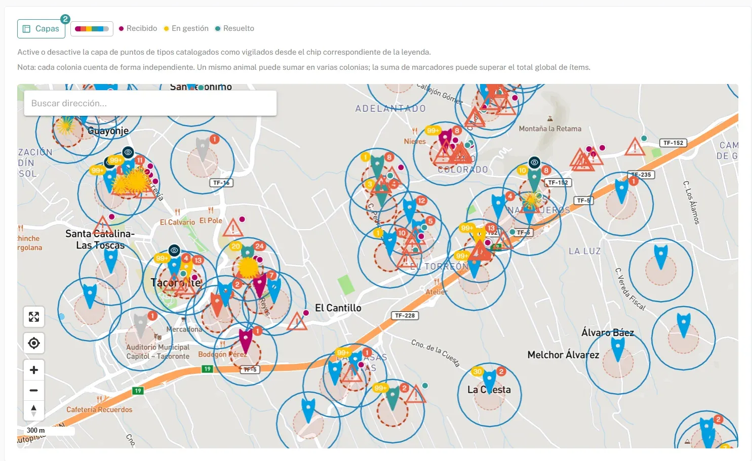 Mapa interactivo de Meow Metrics con colonias, gatos y avisos de un municipio geolocalizados sobre el callejero