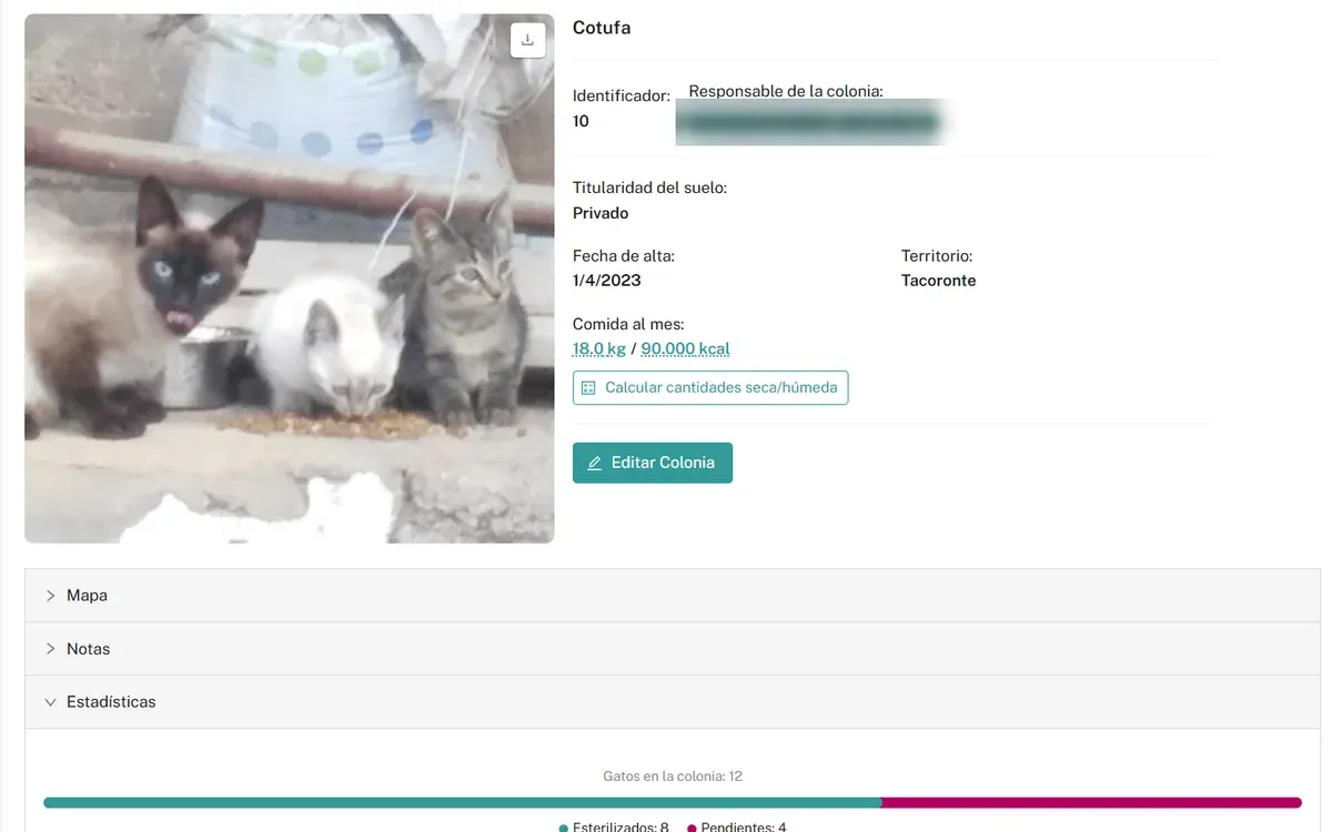 Colony record in Meow Metrics: photo, identifier, land ownership, territory, monthly food and statistics of neutered and pending cats