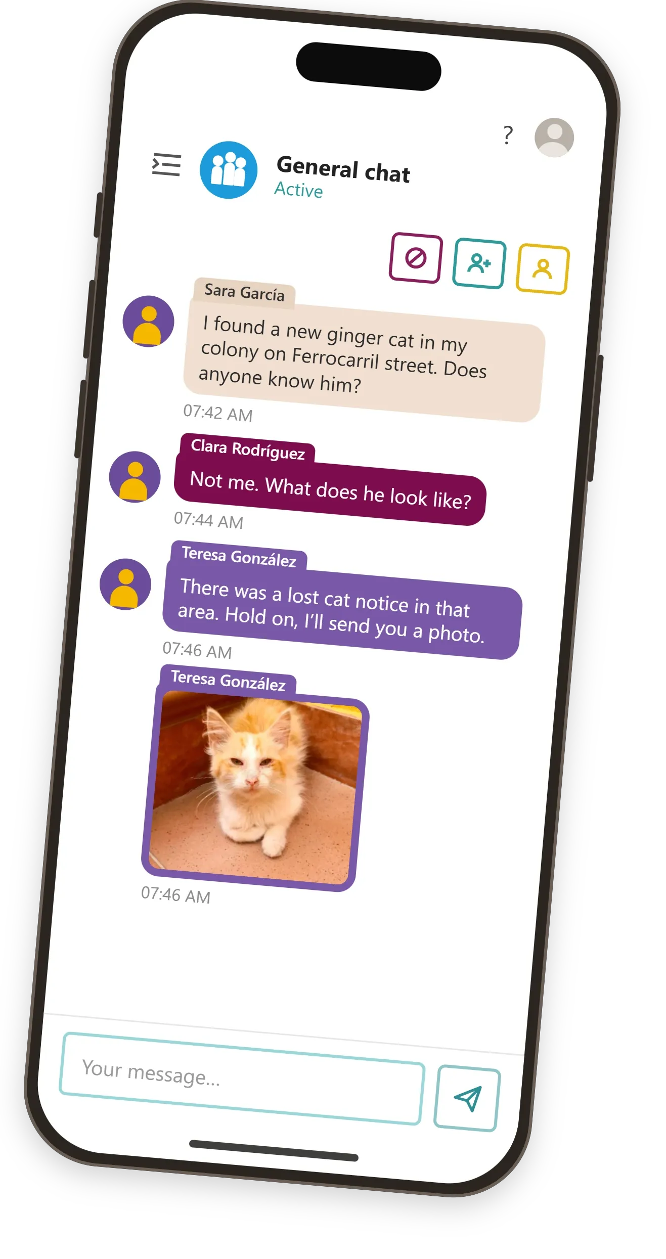 Phone showing the Meow Metrics internal chat: three sample colony managers talk about a new ginger cat in a colony and one of them shares its photo
