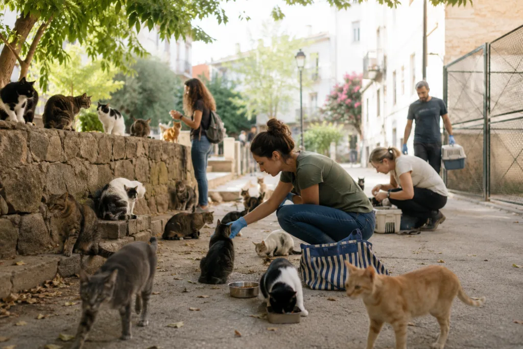 Community cat resting outdoors, representing the historic transformation of feline colony management in Spain through modern welfare policies and digital solutions.